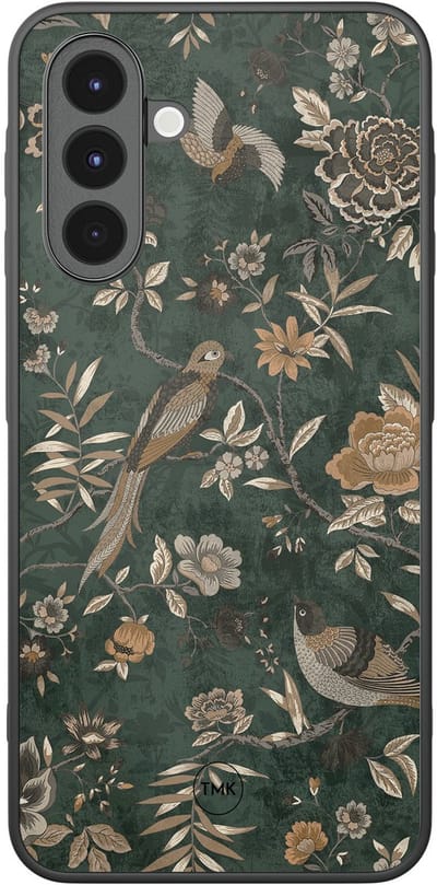 Hoesje geschikt voor Samsung Galaxy A17 - Khaki golden flowers - Groen - TPU case - Vogel - Hardcase zwart telefoonhoesje
