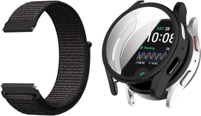 Strap-it Nylon band Zwart + TPU Case zwart - Geschikt voor Samsung Galaxy Watch 6 44mm - Bescherming hoesje voor Galaxy Watch 6 44mm smartwatch - Zachte nylon band zwart + TPU Case zwart