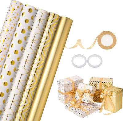 Famanu - Cadeaupapier, 5 rollen cadeaupapier, 43 cm x 3 m, cadeaupapier, verjaardag, cadeaupapier, wit goud, cadeaupapierrol met lint, goud, voor kinderverjaardag, bruiloft, babyshower, communie