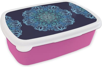 Broodtrommel Roze - Lunchbox - Brooddoos - Mandala - Blauw - Patronen - 18x12x6 cm - Kinderen - Meisje