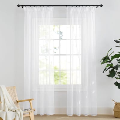 PONY DANCE Modern Living Room Curtains 2 Pieces Track Curtains with Hooks, White Translucent Sheers 2 Pieces for Bedroom Door Dining Room,140Wx220H (2 Panels), White