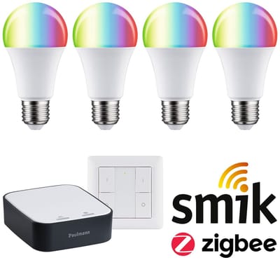 Paulmann Zigbee 3.0 Smart Home Startset Smik Gateway + Wandschakelaar + 4x LED Gloeilamp E27 RGBW - 2200K-6500K - 1055lm - Dimbaar
