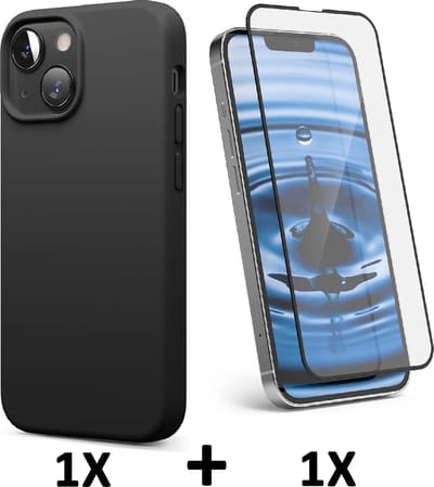 HB Hoesje Geschikt voor Apple iPhone 13 - Zwart / Volledige Glazen Screenprotector - Siliconen Back Cover