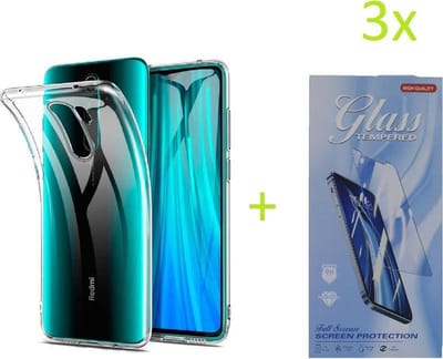 Hoesje Geschikt voor: Xiaomi Redmi 9 Transparant TPU Silicone Soft Case + 3X Tempered Glass Screenprotector