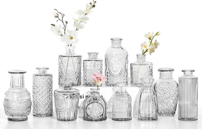 Dailygoods- Glazen Vaas - 12 Stuks - Vintage Stijl - Getextureerd Patroon - Duurzaam Glas - Lichtgewicht - Ideaal voor Bloemen en Decoratie - Bloemenvazen