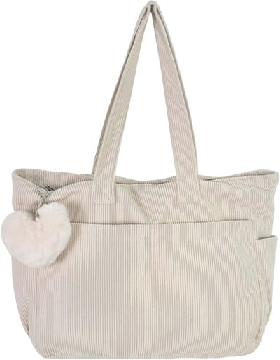 Dames Schoudertas van Corduroy met Rits en Vak voor Werk, Reizen en Winkelen in Beige