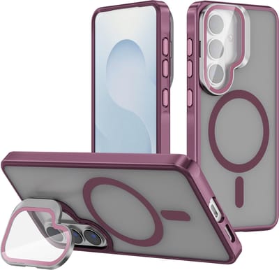 Casemania Hoesje Geschikt voor Samsung Galaxy S26 - Wijn Rood - Magnetische Bumper Hoesje met Camera Shield Kickstand Telefoonhoesje met Camera Bescherming Geschikt voor MagSafe