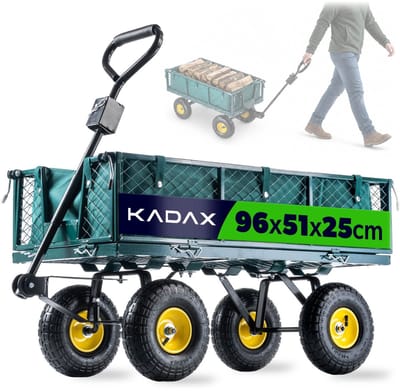 KADAX Nettuinwagen met afneembaar zeil, draagkracht 300 kg, bolderkar van gepoedercoat staal, handkar met antislipgreep, tuinwagen, transportwagen (120 l, groen/zwart)