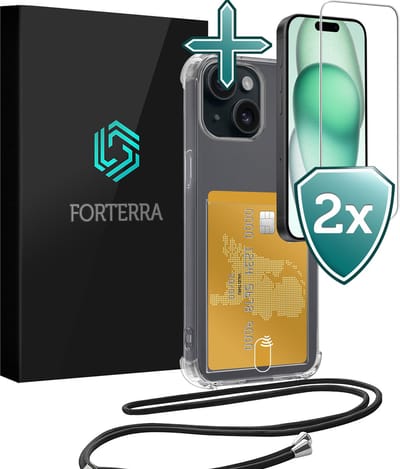 Hoesje Geschikt voor iPhone 15 Pashouder Case Siliconen Hoes Met Koord Met 2x Screenprotector - Hoes Geschikt voor iPhone 15 Met Telefoonkoord Hoesje Back Cover Met Pasjeshouder - Transparant