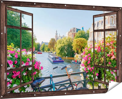 Gards Tuinposter Doorkijk Amsterdamse Kanaal met Bloemen - 180x120 cm - Tuindoek - Tuindecoratie - Wanddecoratie buiten - Tuinschilderij