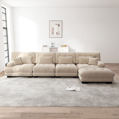 Pugsdrly Modulaire hoekbank, L-vormige bankstel voor woonkamer, 4-zits Comfortabele banken met afneembare poef, DIY-combinatie, chenille, lichtbruin