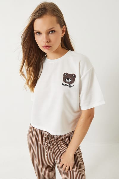Geborduurd Crop T-shirt met Ronde Hals