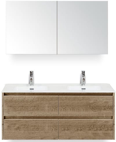 Dante Badmeubelset 120 cm - 4 Laden Natuur Eiken - Keramische Wastafel Wit Cover met Spiegelkast