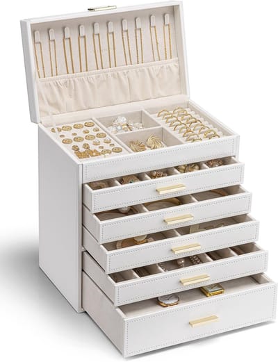 Famanu – Grote sieradendoos met zes niveaus en lades, sieradenorganizer van kunstleer, wit