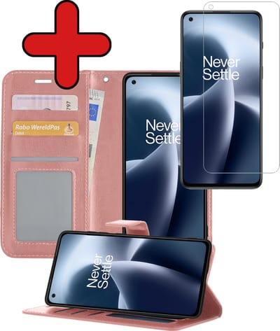Hoesje - Met Screenprotector - Geschikt voor OnePlus Nord 2T - Luxe Pasjeshouder - Flipcase - Bookcase Portemonee - Flip Case - Kunstleer Book Case - Book Cover - Walletcase - Portemonneehoes - Telefoonhoes - Rosé goud