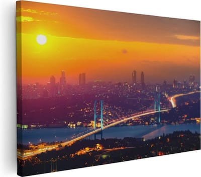 Artaza Canvas Schilderij Skyline - 30x20 cm - Klein - Wanddecoratie Zonsondergang - Muurdecoratie Stad - Kamer Accessoires Istanbul