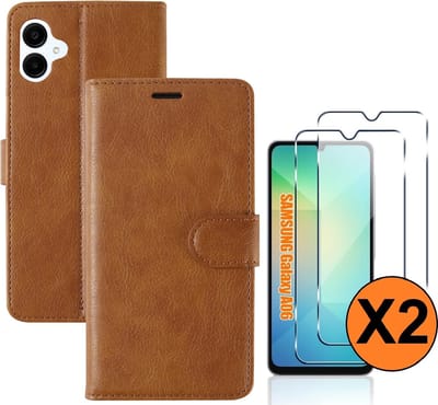 Hoesje geschikt voor Samsung Galaxy A06 hoesje bookcase Bruin - Met screenprotector tempered glass voor Galaxy A06 4G - 2x