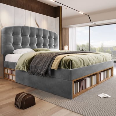 140x200cm gestoffeerd bed - met verstelbare hoogte gebogen hoofdeinde - met lade en opbergruimte - zonder matras - grijs