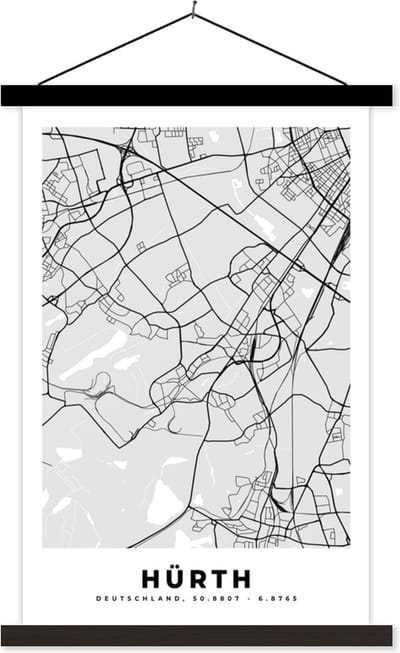Posterhanger incl. Poster 40x60 cm - Schoolplaat - Stadskaart - Duitsland - Hürth- Kaart - Plattegrond - Textielposter - Zwarte latten - Stadskaart
