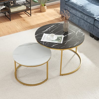 Salontafel Christchurch rond set van 2 marmer zwart wit en goudkleurig [en.casa]