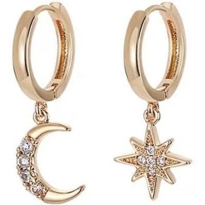925 Sterling Zilver Glanzende Cz Ster Maan Asymmetrische Hoepel Oorbellen Voor Vrouwen Meisjes Goud Zilver Kleur Feest Sieraden Cadeaus S -E1360 beige