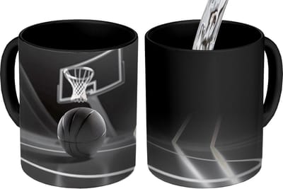 Magische Mok - Foto op Warmte Mokken - Koffiemok - Basketbal - Basketbalveld - Lichtlijnen - Magic Mok - Beker - 350 ML - Theemok