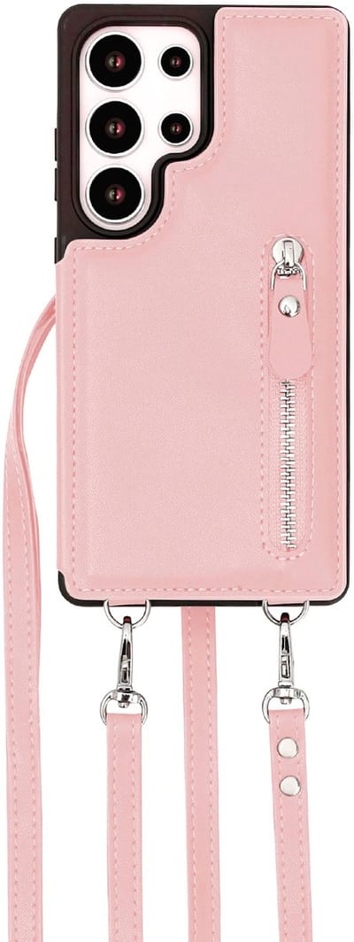Casemania Hoesje Geschikt voor Samsung Galaxy S25 Ultra - Roze - Luxe Back Cover met Koord & Rits - Wallet Case met Pasjeshouder - Lanyard Telefoonhoes - Cord Case