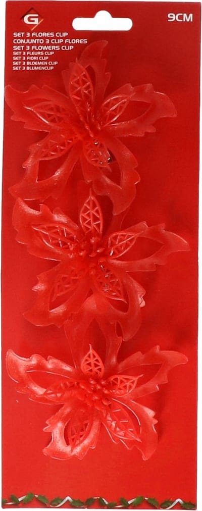Gerimport Kerstboom bloemen op clip - 6x stuks - rood - kunststof - kerstornamenten