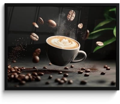 Poster in lijst - Fotolijst 70x50 cm - Posters - Cappuccino - Kop - Bonen - Bruin - Posterlijst zwart - Decoratie - Wanddecoratie woonkamer - Muurdecoratie slaapkamer