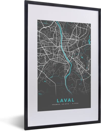 Fotolijst incl. Poster - Laval - Frankrijk - Kaart - Stadskaart - Plattegrond - 40x60 cm - Posterlijst