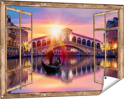 Gards Tuinposter Doorkijk Gondel bij de Rialtobrug in Venetië, Italië - 120x80 cm - Tuindoek - Tuindecoratie - Wanddecoratie buiten - Tuinschilderij