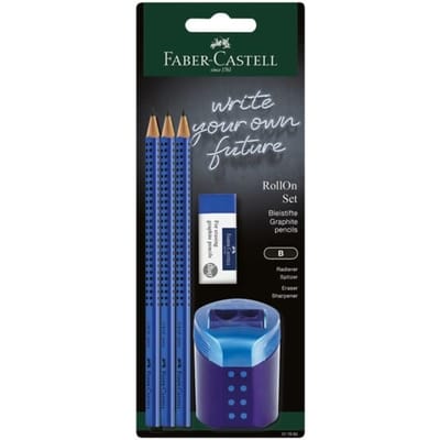 Faber-Castell schrijfset RollOn, blauw, 3 potloden + gum + puntenslijper