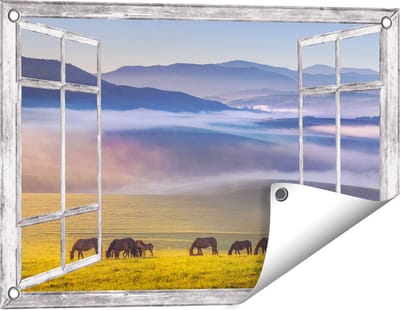 Gards Tuinposter Doorkijk Kudde Wilde Paarden in de Wei bij Heuvels - 60x40 cm - Tuindoek - Tuindecoratie - Wanddecoratie buiten - Tuinschilderij