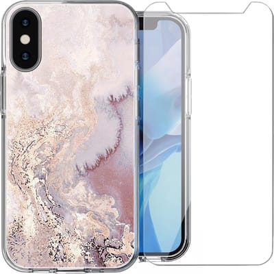 Hoesje geschikt voor iPhone X / XS - Siliconen Shock Proof Case Back Cover Hoes Marmer Roze + Screenprotector Gehard Glas Screen Protector