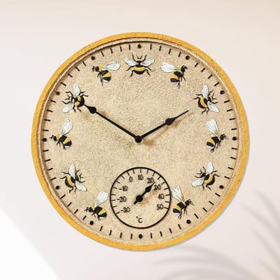 Buitenklok Thermometer - Wandklok Tuindecoratie - Tuin Keuken Woonkamer - Weerbestendig Hars - 30 cm Diameter - Beige