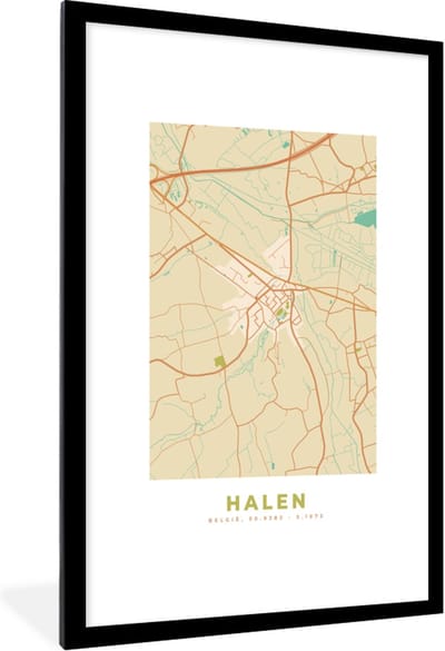 Fotolijst incl. Poster - Retro - Halen - Stadskaart - Plattegrond - Kaart - 80x120 cm - Posterlijst