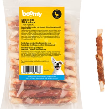 Boomy - Hondensnacks - Hondensnoepjes - Kauwstaafjes hond - Kauwbotten hond - Kauwsticks met eend - 13cm - 400g