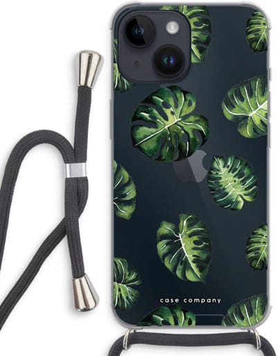 Case Company® - Hoesje met koord geschikt voor iPhone 14 hoesje met Koord - Tropische bladeren - Telefoonhoesje met Zwart Koord - Bescherming aan alle Kanten en Over de Schermrand