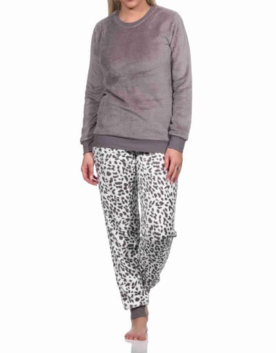 Damespyjama met lange mouwen in dierenlook met manchetten in koraalfleece