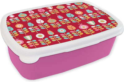 Broodtrommel Roze - Lunchbox Patronen - Bloemen - Retro - Rood - Brooddoos 18x12x6 cm - Brood lunch box - Broodtrommels voor kinderen en volwassenen