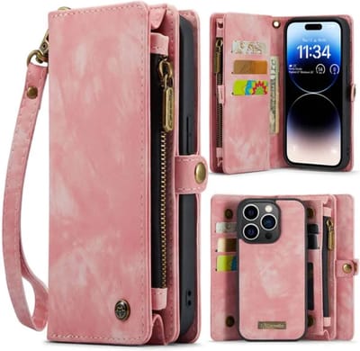 CaseMe - Telefoonhoesje geschikt voor Apple iPhone 14 Pro - 2 in 1 Book Case en Back Cover - Roze