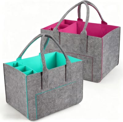 Ruime Vilt Winkeltassen Set van 2, 30L, Met Compartimenten, Vouwbare Vilt Baskets voor Winkelen en Picknick, Stevig en Handig met Handvat en Rits (Roze, Groen)