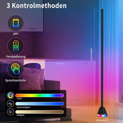 RAYOFI LED-vloerlamp -145 cm-LED vloerlamp dimbaar RGBIC - Vloerverlichting - Wit licht/meerkleurige sfeerverlichting - Ondersteunt bediening via app en afstandsbediening - Creëert de perfecte sfeer voor slaapkamers, woonkamers en speelkamers