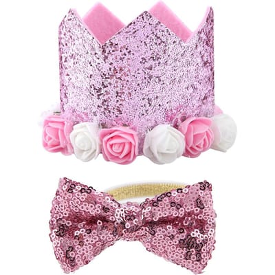 Tendance Noël Anniversaire Fête Animaux de compagnie Chiens Chats Chapeau Couronne de Fleurs Brillantes Nœud Papillon Ensemble Rose rose