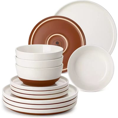 Luxe Serviesset – 18 delig – 6 persoons – Steengoed - Bordenset – Dinner platen – Dessertborden - Kommen - Wit + Bruin