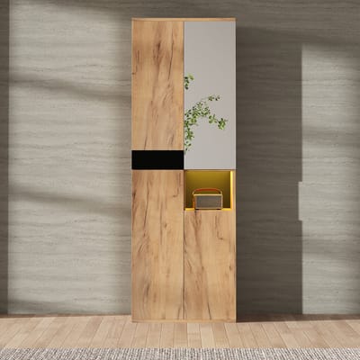 Dressoir - 65x190x35 cm - Met Spiegel 4 Deuren en Open Vak - Hoog Model - Hout - Zwart Naturel