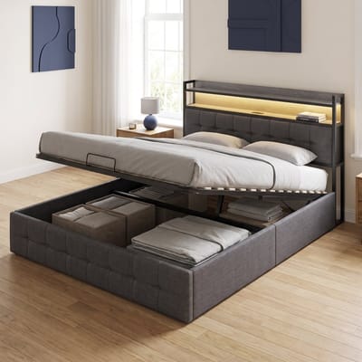 Gestoffeerd Tweepersoonsbed - Opbergbed 140x200 cm met lattenbodem - met LED en USB hoofdbord - Linnen - Modern - Grijs