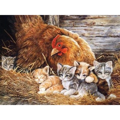 Schilderij mama kip en baby kitten diamant borduurwerk steentjes borduurwerk diamant muur kunst 20X30CM