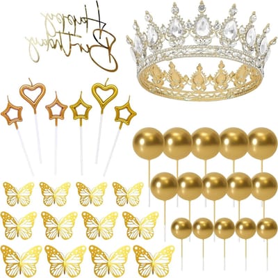 35-delige Taartdecoratieset met Prinsessenkroon in Goud - Perfect voor Verjaardagstaarten, Bruiloften en Feestjes - Inclusief Gouden & Champagnekleurige Kaarsen