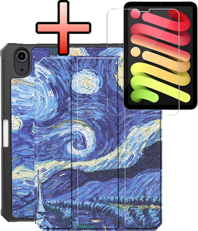 Hoes - Geschikt voor Apple iPad Mini 7 (2024) - 8.3 inch - 7e Generatie - Met Screenprotector - Trifold Bookcase - Hard Cover Case - Met Uitsparing Geschikt voor Apple Pencil - Hardcover Book - Tablet Hoesje - Sterrenhemel